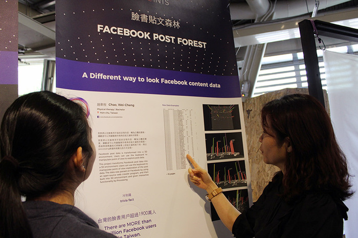 Institute of Creative Industries Design Professor Wen Lin and Master’s Student Alexandra Ruth deciphering one of the many data projects at POINTS